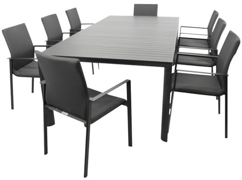 DEGAMO Gartenset Garnitur Lagos XL 9-teilig (8X Stapelsessel, 1x Ausziehtisch 195/255x120cm), Alu anthrazit, Outdoor