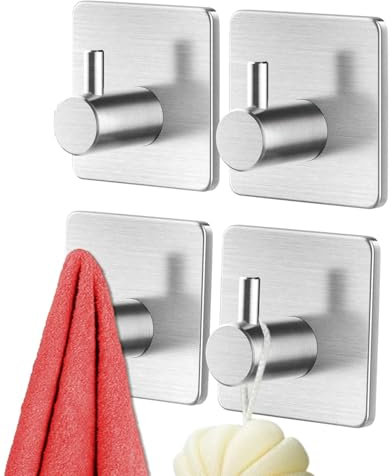 Relazoom Self Adhesive Hooks 4 Pack, Max 8kg Load Sticky Hooks for Bathrooms, Kitchens - Stainless Steel Waterproof Strong Bonding Towel Holder, for Keys, No Drilling Required