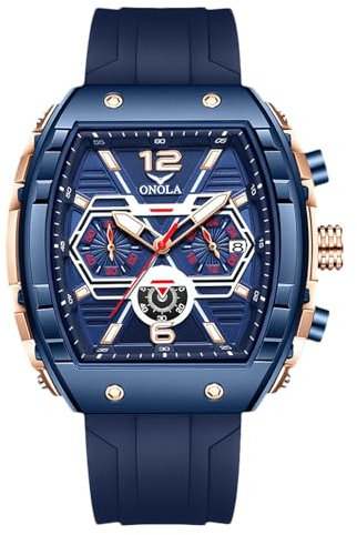 rorios Tonneau Armbanduhren für Herren Stilvolle Casual Herrenuhren Sport Analoge Quarz Uhr mit Silikon Armband Multifunktionale Chronograph Blau