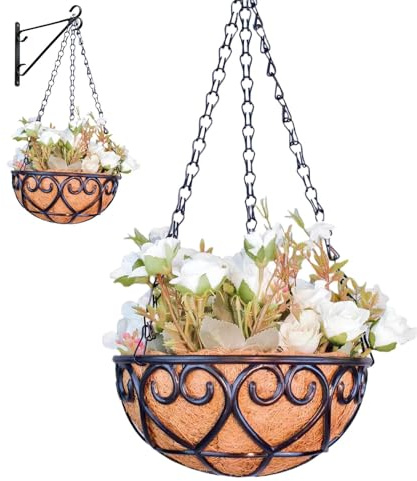 Paniers suspendus de jardin, doublure en coco pour paniers suspendus, panier suspendu rond, pot rond en résine, panier suspendu, panier suspendu, pour intérieur et extérieur, jardin, porche, balcon