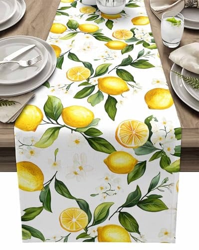 Table Runner 72 inches Long, Farmhous Lemon Table Cloth Runners Non-Slip & Dust-Proof Decor for Dinner Party Machine Washable Tablecloth, Watercolor Floral Leaf