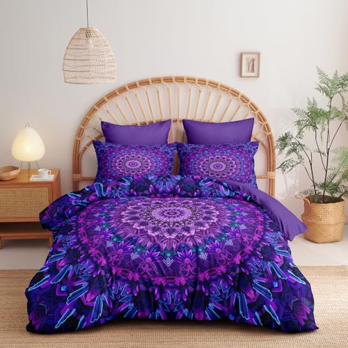 Covebett Boho Bettwäsche 135x200 4teilig Lila Violett Blumen Vintage Mandala Muster Wendebettwäsche Set Bohemian Floral Blumenmuster Microfaser 2 Bettbezug und 2 Kissenbezug 80x80 mit Reißverschluss