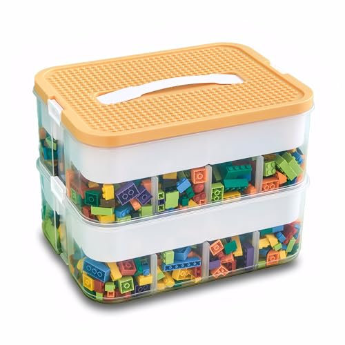 Storage Boxes,Transparent Toy Box Organizer,Stackable Lego Storage Boxes with Lid,Handle,Plastic Multi Compartments Container Chest Case for Storing Toys,Jewelry,Crafts,Tools,Lego (Yellow, 2 Tier)