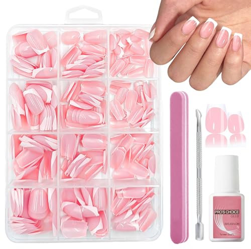Press on Nails - 240 Pcs French False Nails Short - French Tip Nude Color False Nail Kit - Cute Short Full Cover Stick on Nails Nail Art Manicure Decorations for Girls Women