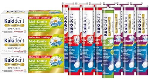 Kukident Set: Anti-Zahnstein 1x30, Zahnweiß 6x30, Aktiv Plus 6x33 Tabs, Haftcreme Med + Kamille 3x40g – Pflegepaket mit Reinigung & Haftung für sensible Zahnprothesen-Träger