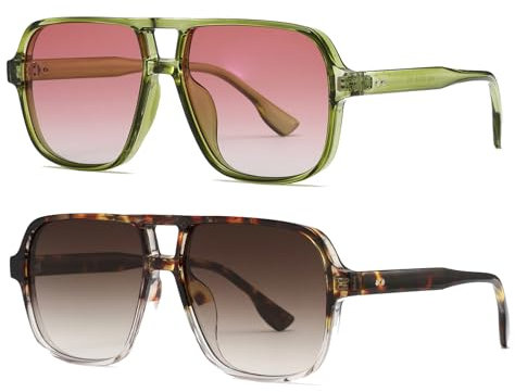 Long Keeper Retro Square Pilot Sunglasses for Women Men Oversize Retro Aviation Square Sunglasses Double Bridge Sun Glasses Vintage Shades UV400 (Green/Pink + Clear Leopard/Brown)