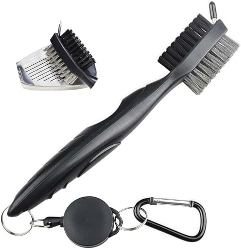 Golf Bürste mit Nylon & Edelstahlborsten Golfschläger Reinigungsbürste für Club Face & Grooves Karabiner für Golf-Tasche Kratzfreier Groove Cleaner Golf Zubehör(Schwarz)