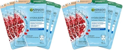 Garnier Tuchmaskenset Granatapfel fürs Gesicht bei trockener Haut, Revitalisierend und feuchtigkeitsspendend, Mit Hyaluronsäure und Granatapfelextrakt, SkinActive, Hydra Bomb, 5x 28g (Packung mit 2)