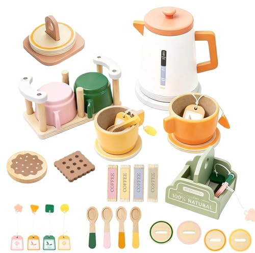Benhurb Wooden Tea Set for Toddlers, Childrens Tea Party set for Kids, Afternoon Teapot Coffee Kitchen Accessories Pretend Role Play Food Toys Birthday for 3 4 5 Years Old Girls Boys