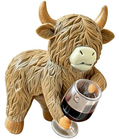 Highland Cow Gifts for Women, Large Highland Cow Ornaments for Home, 3D Bathroom Ornaments, Calf Holding Wine Figurine, Decorative Home Accessories, Animal Ornaments for Living Room, Bedroom, Gardens