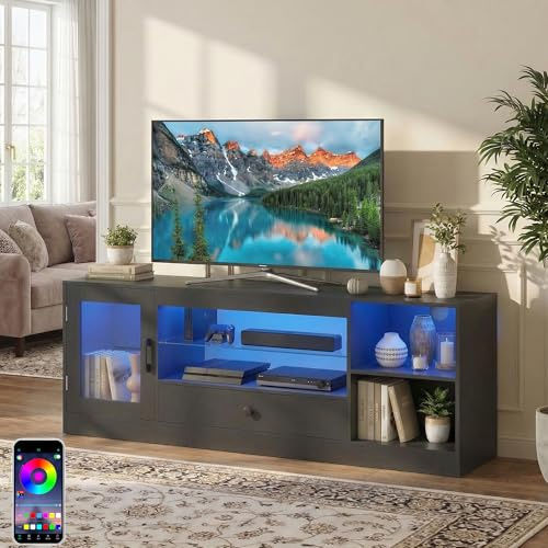 TV Stand Cabinet for TVs up to 60 inch,TV Unit with RGB Lights,Gaming Entertainment Center with Door&Drawer&Open Adjustable Storage Glass Shelf,TV Console Table for Living Room Bedroom,Modern (Black)