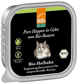 defu Katzenfutter | 16 x 100 g | Bio Hofhuhn Pure Happen in Gelee | Premium Bio Ergänzungsfuttermittel für Katzen
