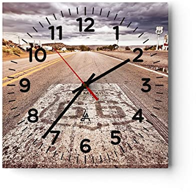 Modern Wanduhr USA Route 66 Reise 30x30cm Quadrat Klein Wand Uhr Glas Analog Zimmeruhren Küche Büro Wohnzimmer Glasuhr Wall Clock Dekoration Design Wanddekoration Küchenuhr C4AC30x30-2712