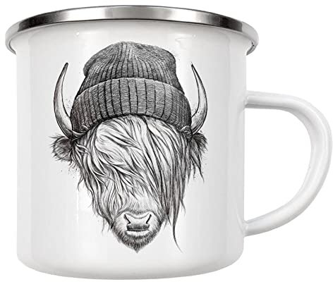 artboxONE Emaille Tasse Highland Cattle von Nikita Korenkov - Emaille Becher Natur