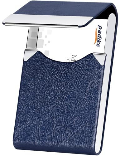 Padike Professional Business Card Holder PU Leather Business Card Case Name Card Holder Slim Metal Pocket Card Holder with Magnetic Shut (Z-Blue)