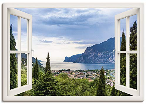 ARTLAND Wanddeko Leinwand Bilder Wandbild 100x70 cm Querformat Fensterblick Gardasee Landschaft See Natur Berge Italien U1TV