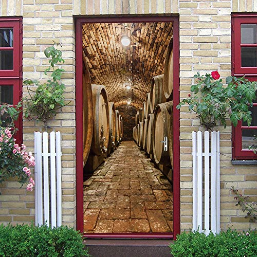 ZWLZJO Stickers Porte 3D Cave à vin en tonneau de chêne 77x200cm Art de Porte Poster Auto-adhésif Papier Peint Trompe l'oeil pour Décoration De La Maison Stickers Muraux Imperméable Amovibles