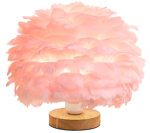 Lampe de chevet en plumes roses avec base en bois Lampe de table en plumes Abat-jour de bureau pour lampe de chambre à coucher, lampe décorative, salon