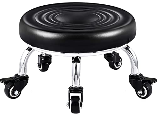 Kalolary Verstellbarer Rollhocker mit Rundem Sitz robuster Metallsockel Leder Kleiner Niedriger Hocker auf Rädern für Salon, Massage, Friseur, Spa, Tattoo-Therapie (ohne Rückenlehne, Schwarz)
