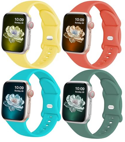 CREFORT Kompatibel mit Apple Watch-Armbändern, 38 mm, 40 mm, 41 mm, für Damen und Herren, weiches Silikon-Sport-Ersatzarmband, Gelb/Kaktus/Koralle/Koralle/Blaugrün/Blaugrün, M/L
