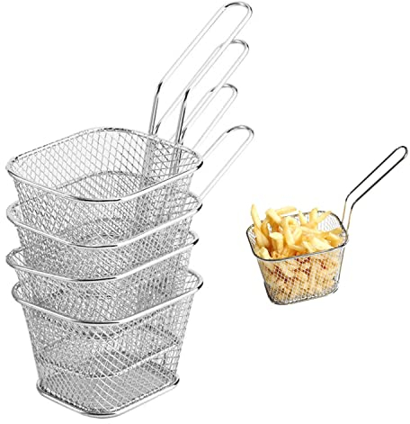 JZK 4 x Stainless Steel chip Baskets for Serving with Handle, mesh French chip deep Frying Basket for Shrimps Onion Rings