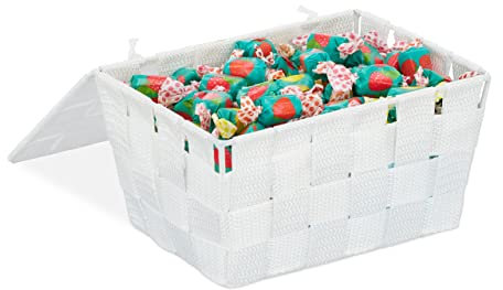 Relaxdays 10 x Aufbewahrungskorb mit Deckel, Flechtoptik, Bad Organizer HxBxT: 10,5 x 19,5 x 14,5 cm, Körbchen Kunststoff, weiß