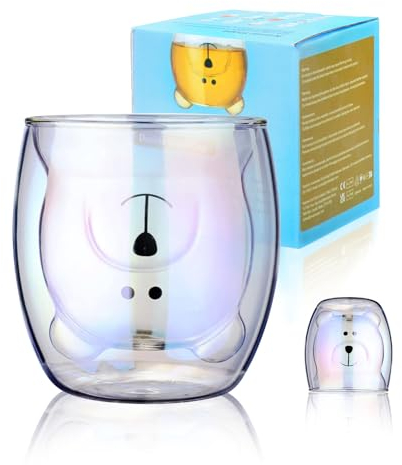 Schillernde Bärentasse Süße Glas Tasse mit Henkel Doppelwandige Kaffeetasse Kawaii Bären-Geschenke für Frauen Teetasse Geburtstagsgeschenk Idee Tasse für Bärenliebhaber Weihnachten (Schillernder Bär)