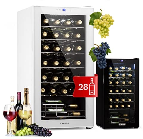 Klarstein Weinkühlschrank, 1 Zonen Getränkekühlschrank Klein, Freistehender Kleiner Weinschrank, 74L Wein-Kühlschrank mit Glastür, Indoor/Outdoor Flaschenkühlschrank, Wine Fridge 28 Flaschen