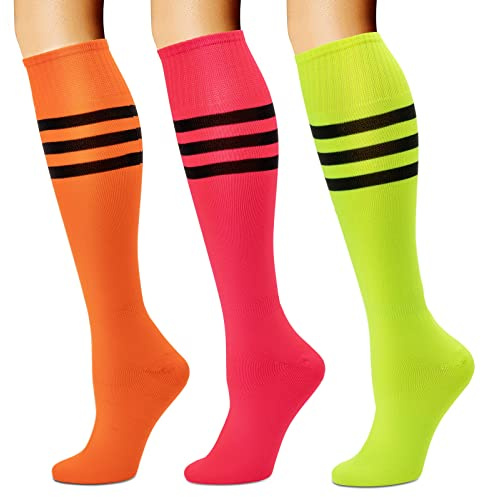 DRESHOW 3 Paires de Chaussettes Hautes Colorées au Genou Chaussettes de Football à Rayures Décontractées pour Hommes et Femmes