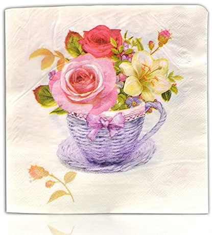 100-Pack Decorative Napkins,Cute Teacup Bright Flowers Nature Plant 2Ply Disposable Paper Party Napkins Serviettes 33Cmx33Cm Ideal For Decoupage Crafting For Bridal Shower,Tea Party,Luncheon