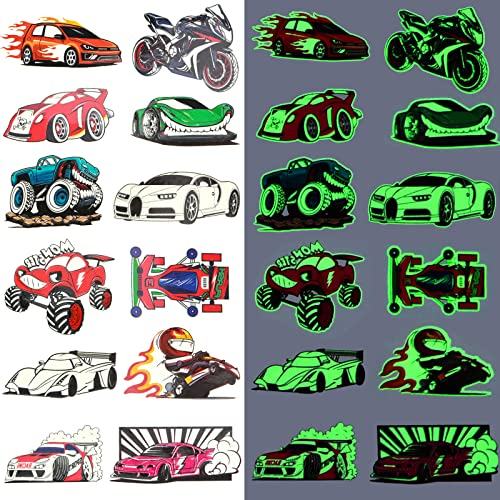 12 Blatt Tattoo Kinder Rennwagen-tattoos Aufkleber Leuchtende Fahrzeug Aufkleber Kindertattoos Jungen Wasserdichte Temporäre Kinder Tattoos Leuchtende Tattoo für Kindergeburtstag Party Zubehör
