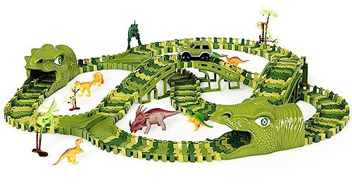 COSTWAY Dinosaurier Rennstrecke Set mit 240 STK. Gleisblöcke, Dino Rennauto inkl. 8 Dinosaurier und 1 Auto, Autorennbahn umwandelbar für Kinder
