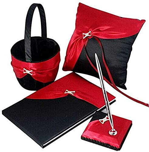 Hochzeitszubehör-Set, Blumenmädchen-Korb, Ringkissen, Gästebuch und Stifthalter, für Brautschmuck, Hochzeit, Party, Dekoration, 4-teilig, Schwarz / Rot