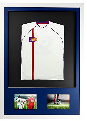 Vivarti DIY Infant 3D Mounted + Double Aperture Sports Shirt Display Frame for Football Shirt, Rugby Shirt, Band T-Shirt Shadow Box - 50x 70cm - White Frame, Blue Mount, Black Backing Card