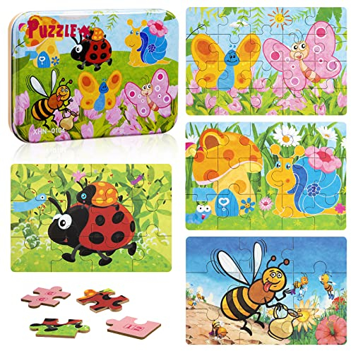 Kinderpuzzle, Holzpuzzle Kinder 64 Teile, 4 Bilds Puzzles, Gehirntraining Spielzeug Schwierigkeitsgrade Lernspielzeug Geschenk für Mädchen Jungen ab 3 4 5 Jahren (Marienkäfer)