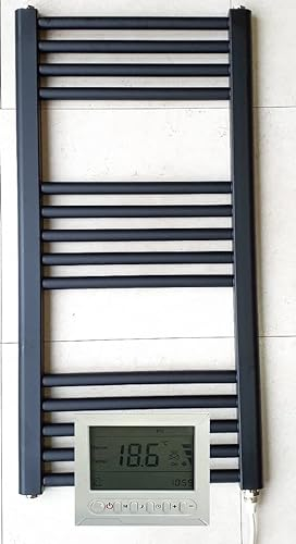 Greened House 400w x 800h Black Electric Straight Heated Bathroom Towel Rail + Timer and Room Thermostat