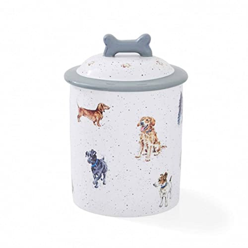 440s Wrendale Designs Steingut Hunde-Keks Dose ca 1 Liter Leckerli Vorratsbehälter Aufbewahrungs-Box mit Deckel mit Motiven von der britischen Künstlerin Hannah Dale für Tier-Futter als Geschenk