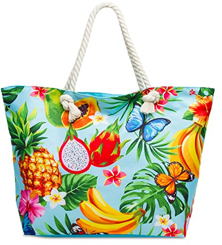 Caspar TS1055 große Damen XXL Strandtasche mit bunten Hawaii Motiven, Farbe:türkis/Südfrüchte, Größe:One Size