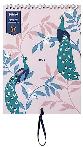 Busy B - Wandkalender für Paare von Januar bis Dezember 2024 - Peacocks - Jahresplaner für zwei mit Spalten, monatlichen Steckfächern und Stickern