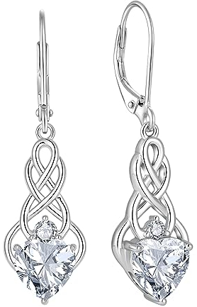 FJ Unendlichkeit Keltischer Knoten Ohrringe Damen 925 Sterling Silber Hängend Leverback Zirkonia CZ Ohrringe mit April Geburtsstein Irischer Glücksschmuck Geschenke für Frauen