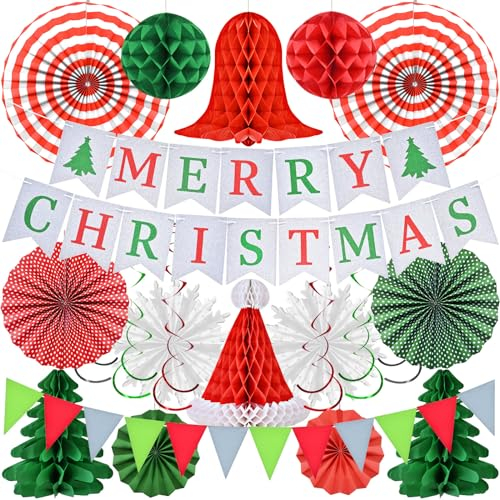 AhfuLife 22pcs Decorazioni Natalizie Fiocchi di Neve Ventaglio, Set di Carta Colorata per Feste di Natale, Decorazioni di Carta Alberi di Natale Campana Cappello, Decorazione Domestica Natalizia