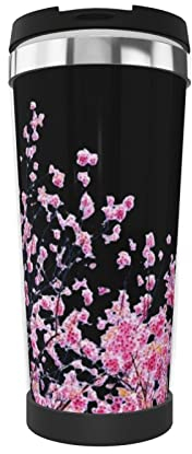 FJAUOQ Taza de conservación del calor con diseño de flores de cerezo rosa con tapa de acero inoxidable para preservación del calor al vacío, taza de café de agua, rotador es adecuado para uso en