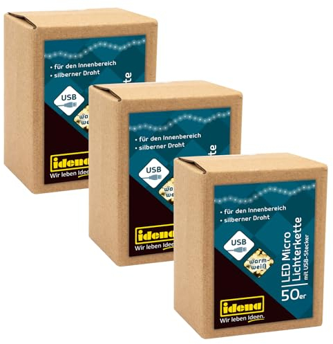 Idena 30257-3 - LED Micro Lichterkette mit 50 LEDs in Warmweiß, 3 Stück mit USB Stecker, je 2,75 m lang, Deko für Innen, zum Basteln, als Party Deko, Weihnachtsdeko, zur Hochzeit