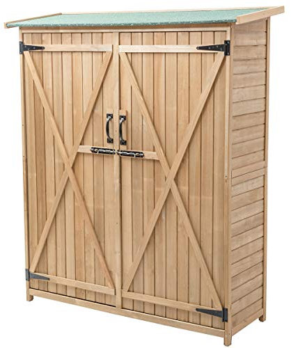 GYMAX Capanno per Attrezzi da Giardino, in Legno di Abete, con Serratura, Tetto Spiovente in Asfalto, Doppie Porte e Scaffali, per Cortile, Patio, 140 x 50 x 162 cm, Naturale