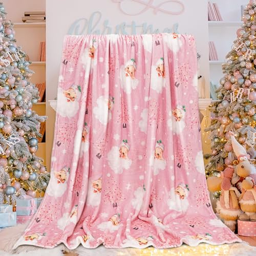 JarThenaAMCS Flauschige Weihnachtsdecke, 152,4 x 127,7 cm, Rosa, Weihnachtsmann, Weihnachtsbaum, Überwurf, Decke, weiche, warme Winterdecke für Zuhause, Stuhl, Sofa, Couch, Bett