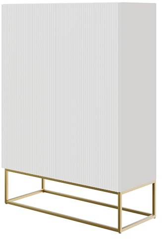 Selsey Commode Armoire 2 Portes 3 Compartiments Façade Fraisée 90 cm sur Pieds Dorés Meuble De Rangement Blanc Veldio