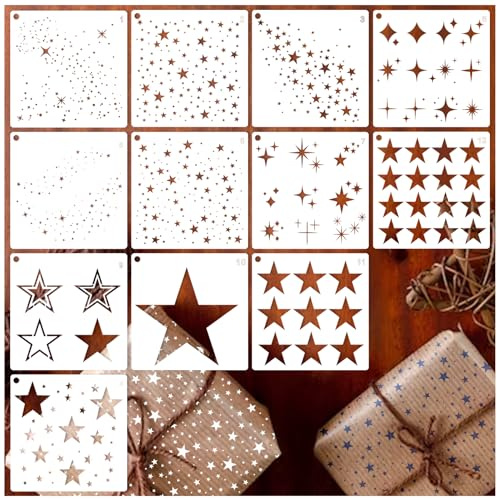 12 Stück glitzernde Stern-Schablonen Sterne Hintergrund Bastelschablonen gemischte Medien Schablonen zum Malen auf DIY Kartenherstellung Scrapbook Papier Stoff Kissen (12 Sterne)