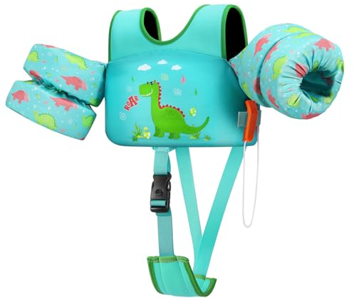 HeySplash Kinder Weste Schwimmflügel, Cartoon Schwimmweste für Kinder 6-15kg, Kinder Pool Schwimmwesten mit Pfeife, Verstellbare Träger, Doppelschnalle, Schwimmgürtel Schwimmtrainer, Grün Dinosaurier