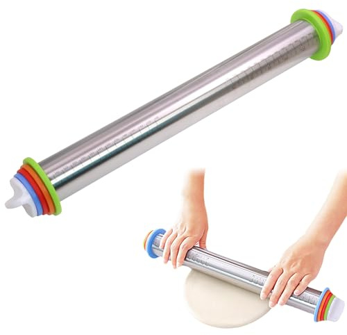 SYF-UN 17 inch Adjustable Stainless Steel Rolling Pin with Silicone Thickness Guide Rings- Non-Stick Pastry Dough Roller for Fondant, Pizza, Pasta- Baking Accessories, Dishwasher Safe (40cm, Silver)