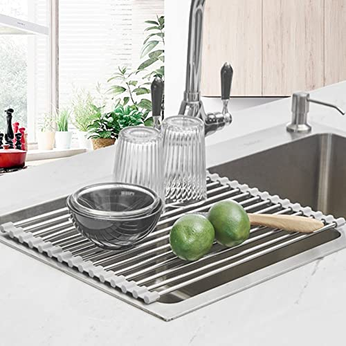 DOYEFZQC Escurridor de platos enrollable, plegable resistente al calor, grande, de acero inoxidable, escurridor de platos enrollable, tapete sobre el fregadero (tamaño: 50 cm) regalo feliz